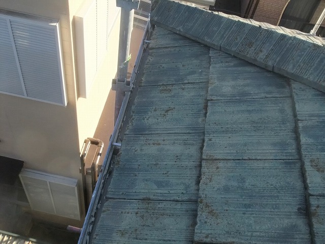 劣化しカビが生えたセメント瓦の表面